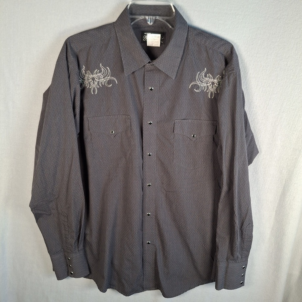 Wrangler Men's XL Western Shirt Gray Dobby Stripe Embroidered Pearl Snap Cowboy‎